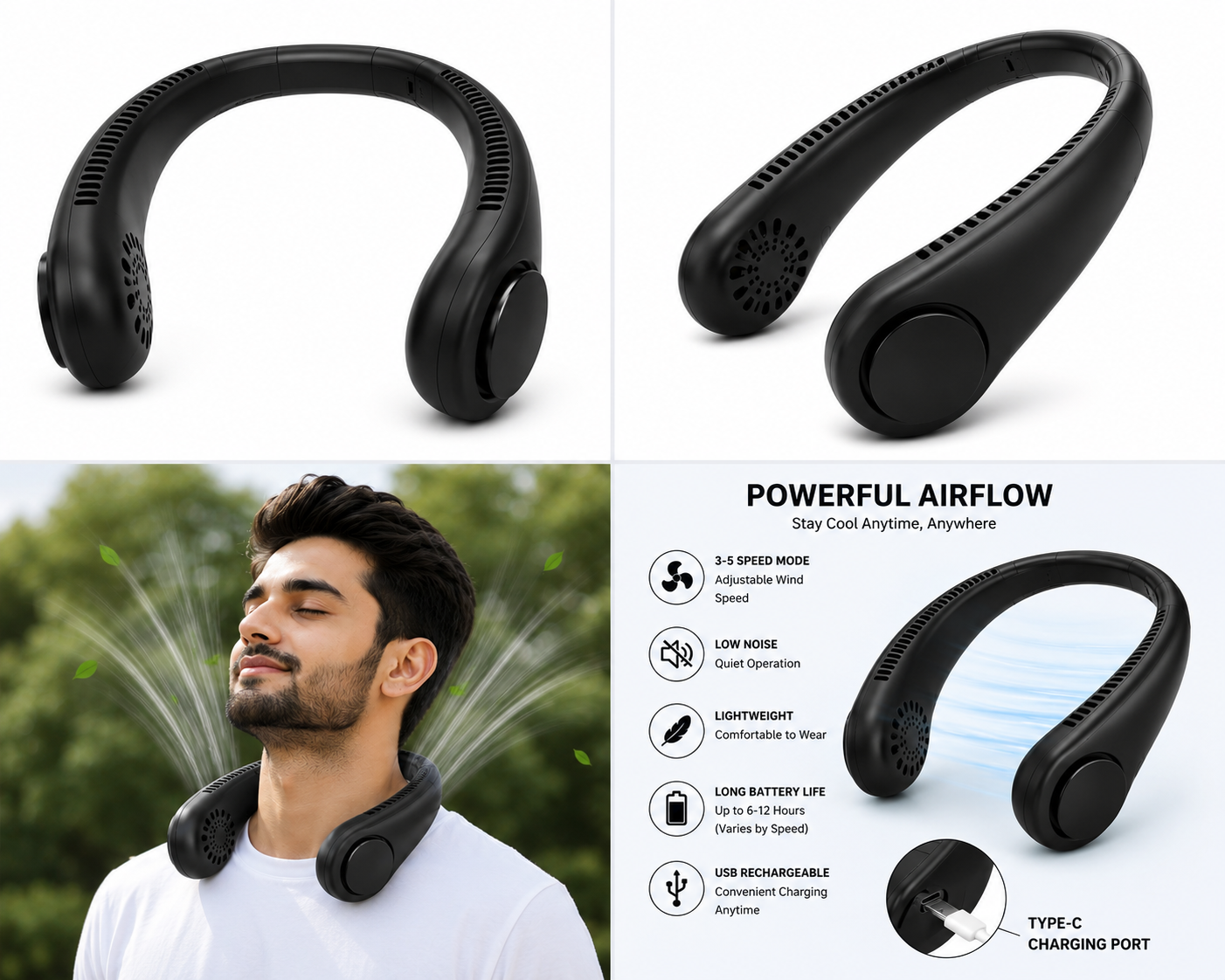 Mini Hand Free Portable Neckband Fan with Light, USB Rechargeable Lazy Neck Hanging Fan for Headphone Design Portable Hanging Neck Fan for Women Rechargeable Neck Fan Band (White)
