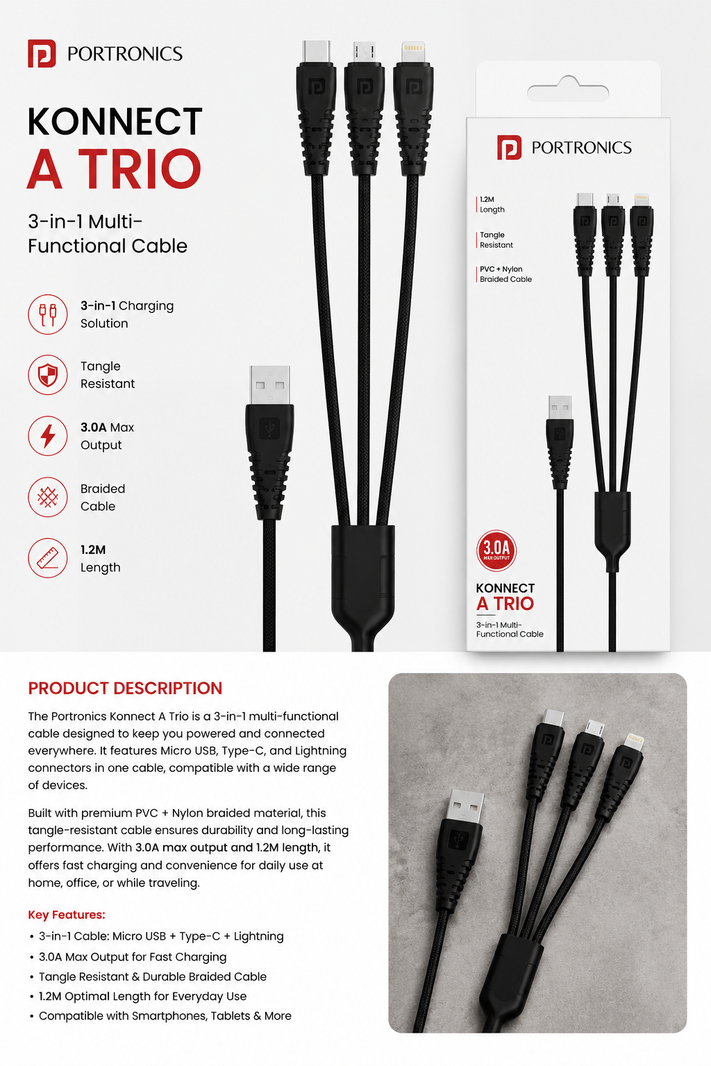 Portronics Konnect A Trio 3-in-1 Fast Charging Cable (1.2M)